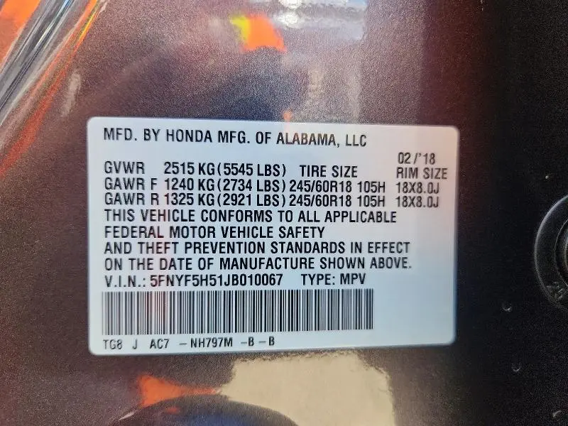 2018 HONDA PILOT EXL  