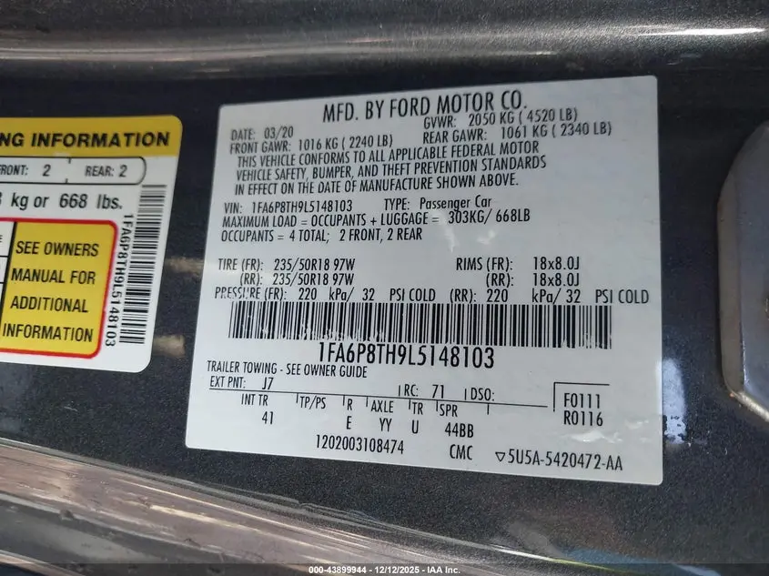 2020 FORD MUSTANG ECOBOOST PREMIUM FASTBACK