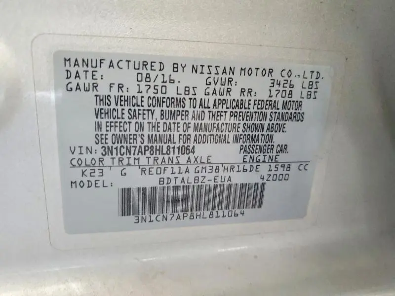 2017 NISSAN VERSA 1.6 S  