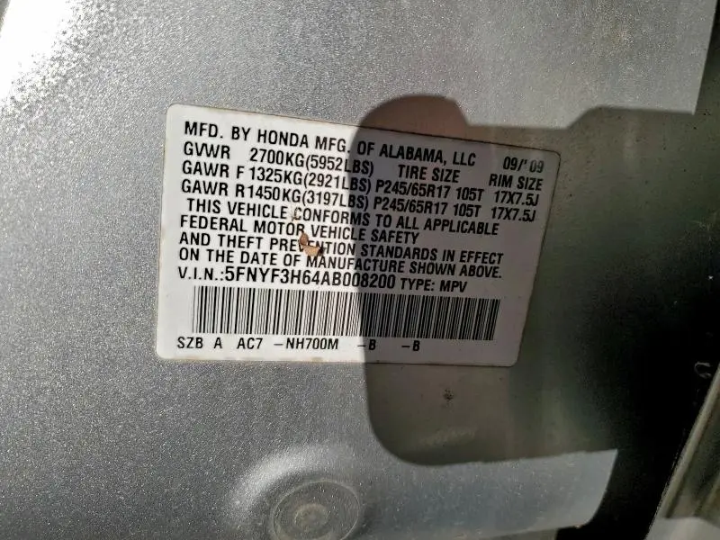 2010 HONDA PILOT EXL  