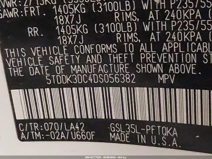 2013 TOYOTA SIENNA LIMITED 7 PASSENGER