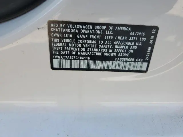 2015 VOLKSWAGEN PASSAT S  