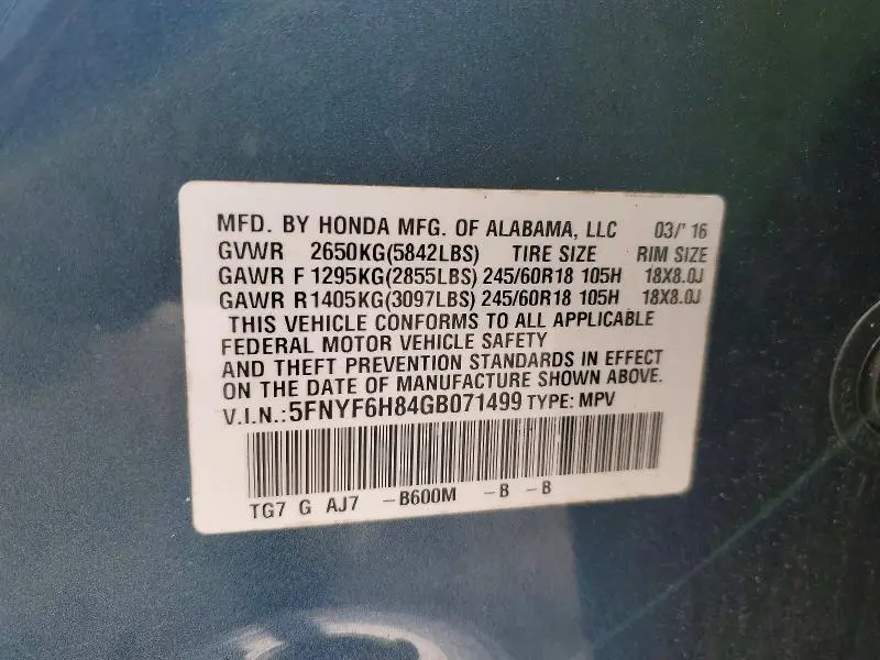 2016 HONDA PILOT EXL  