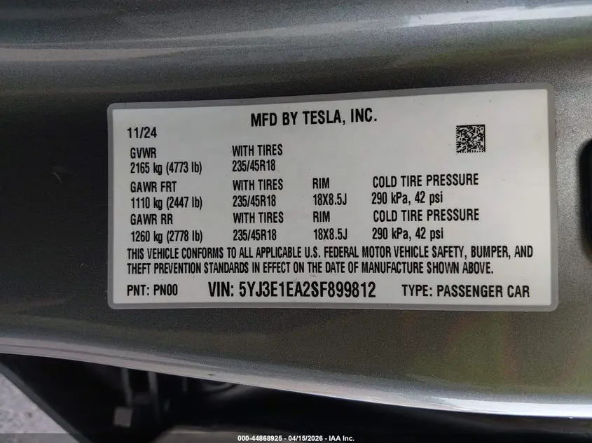 2025 TESLA MODEL 3 LONG RANGE REAR-WHEEL DRIVE/STANDARD REAR-WHEEL DRIVE