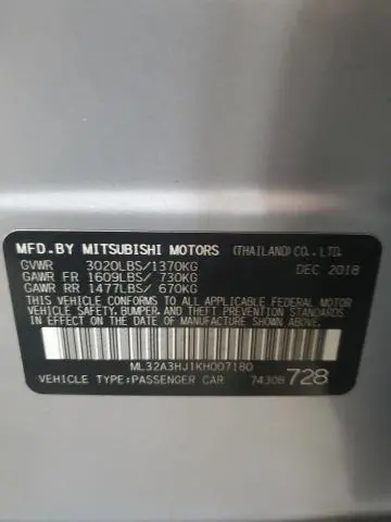 2019 MITSUBISHI MIRAGE ES  