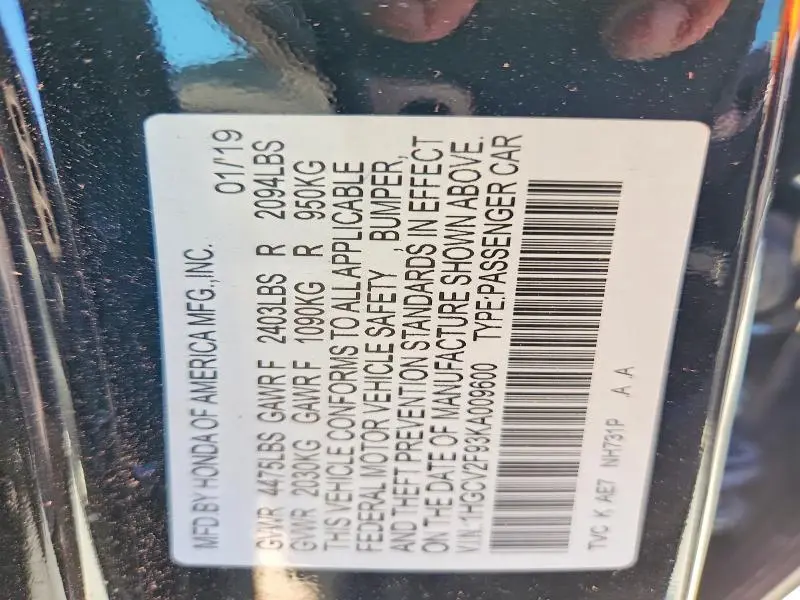 2019 HONDA ACCORD TOURING  