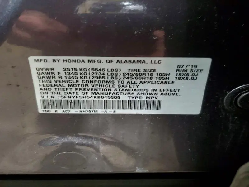 2019 HONDA PILOT EXL  