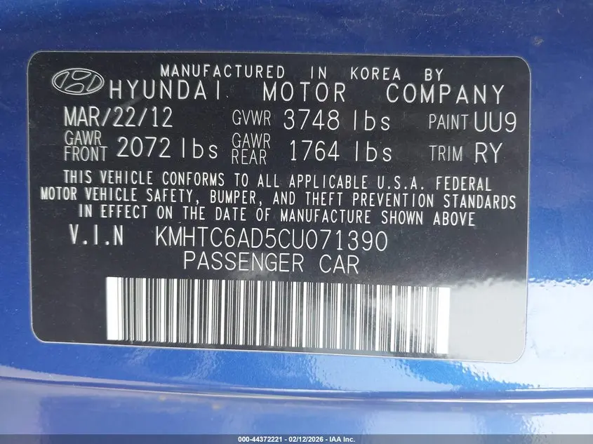 2012 HYUNDAI VELOSTER BASE W/GRAY