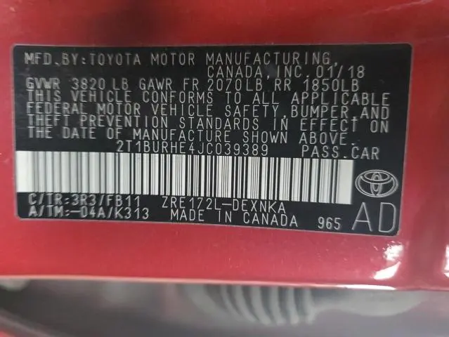 2018 TOYOTA COROLLA L  