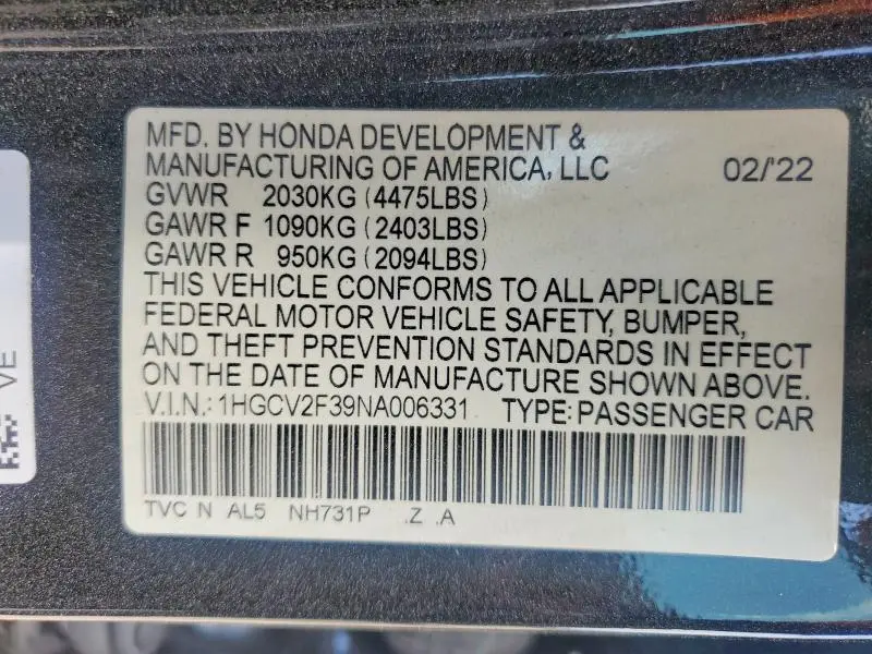 2022 HONDA ACCORD SPORT  