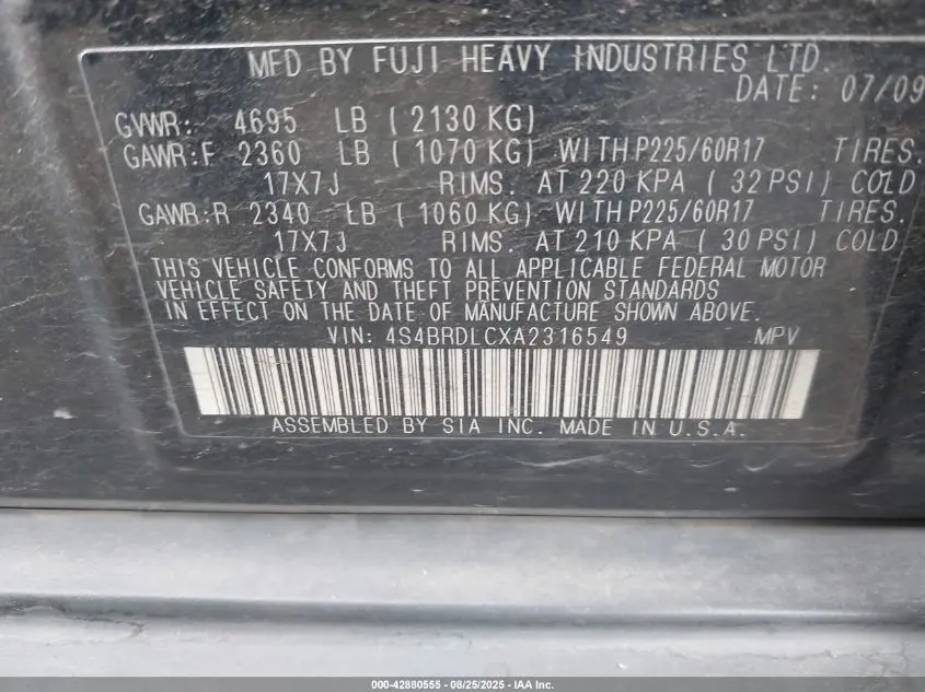 2010 SUBARU OUTBACK 3.6R LIMITED