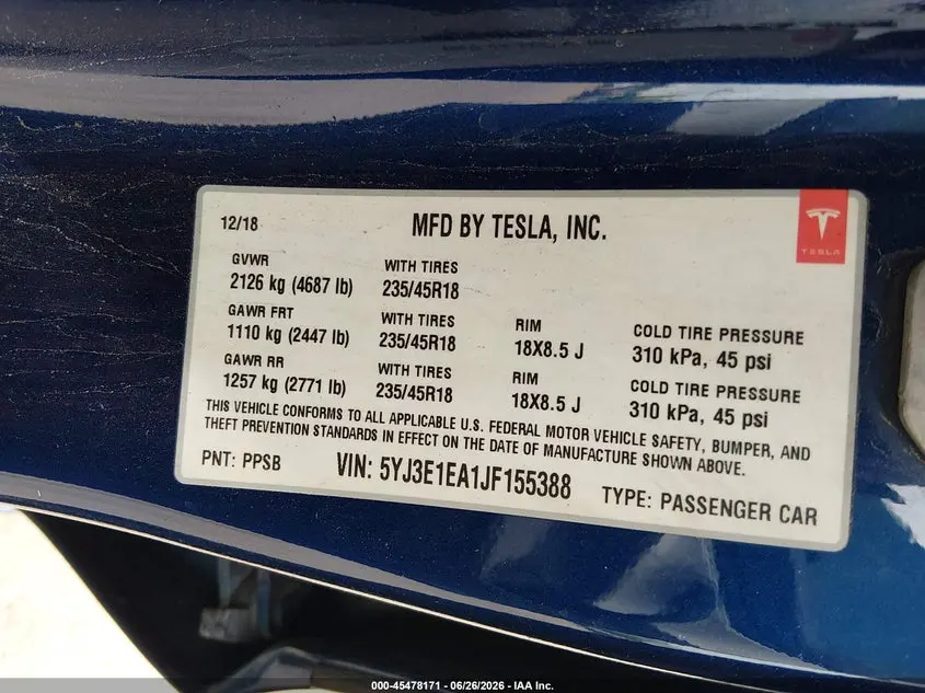 2018 TESLA MODEL 3 LONG RANGE/MID RANGE
