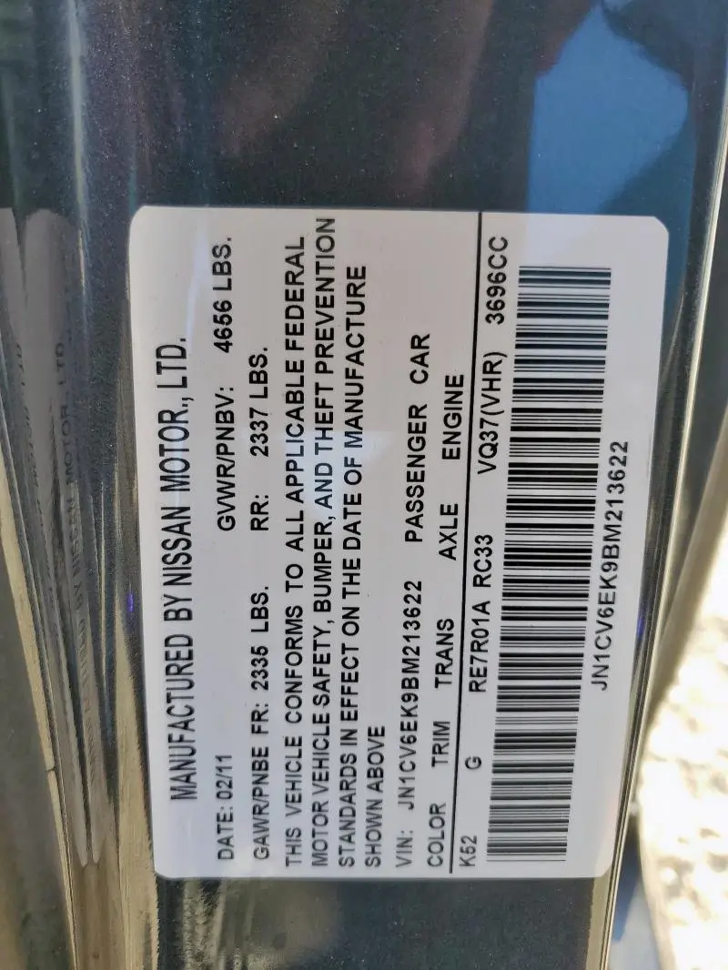 2011 INFINITI G37 BASE  