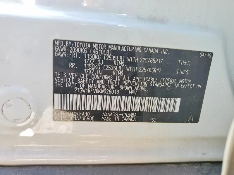 2019 TOYOTA RAV4 XLE  