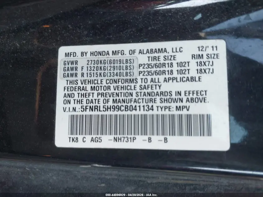 2012 HONDA ODYSSEY TOURING/TOURING ELITE