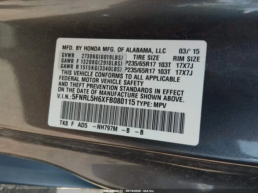 2015 HONDA ODYSSEY EXL