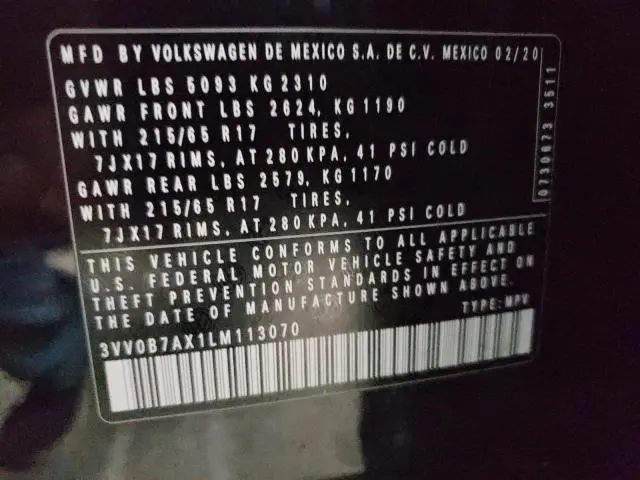 2020 VOLKSWAGEN TIGUAN S  