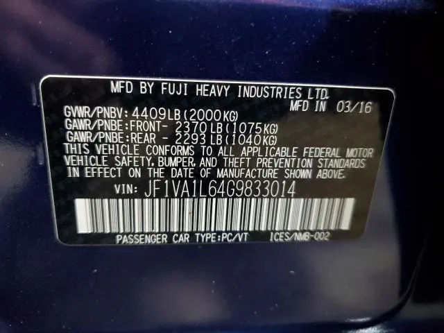 2016 SUBARU WRX LIMITED  