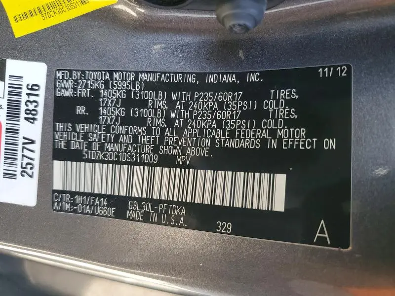 2013 TOYOTA SIENNA L 7-PASSENGER  