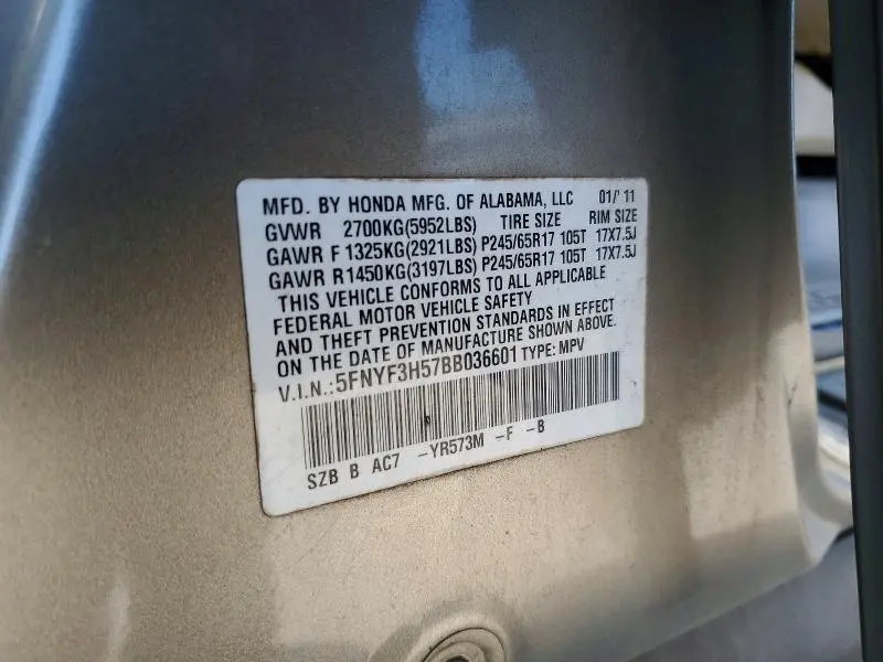 2011 HONDA PILOT EXL  