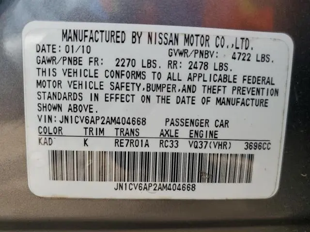 2010 INFINITI G37 BASE  