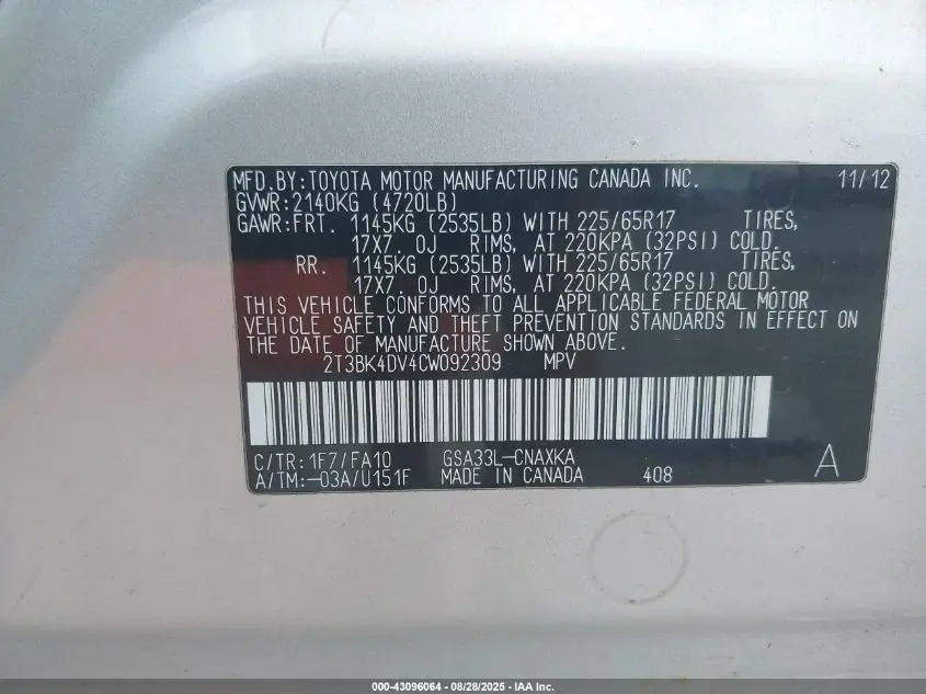 2012 TOYOTA RAV4 BASE V6