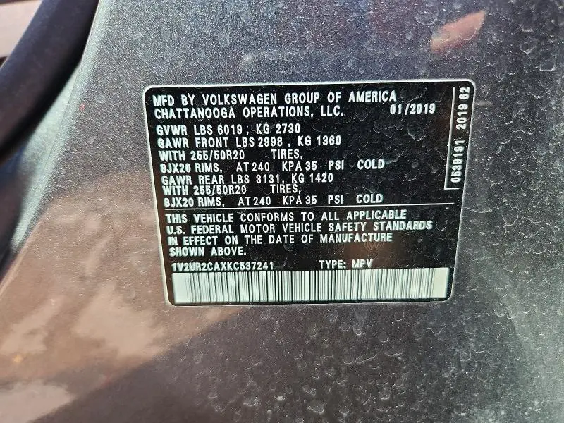 2019 VOLKSWAGEN ATLAS SE  