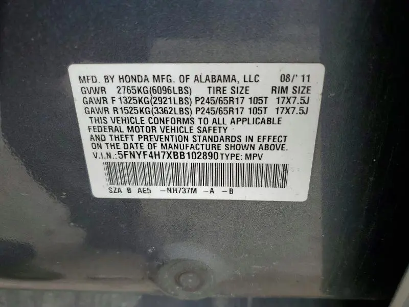 2011 HONDA PILOT EXLN  