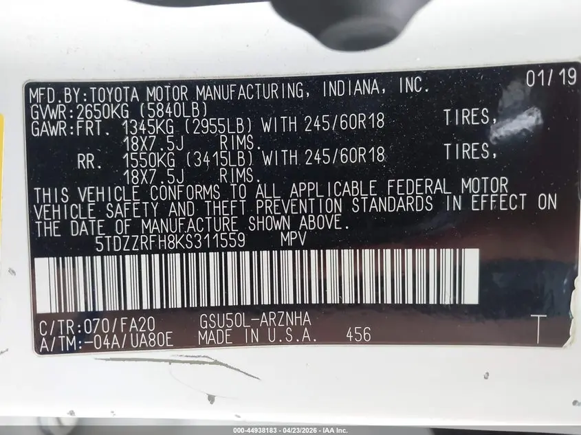 2019 TOYOTA HIGHLANDER LE PLUS