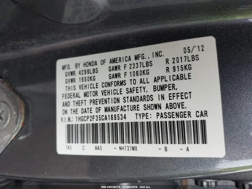 2012 HONDA ACCORD 2.4 LX