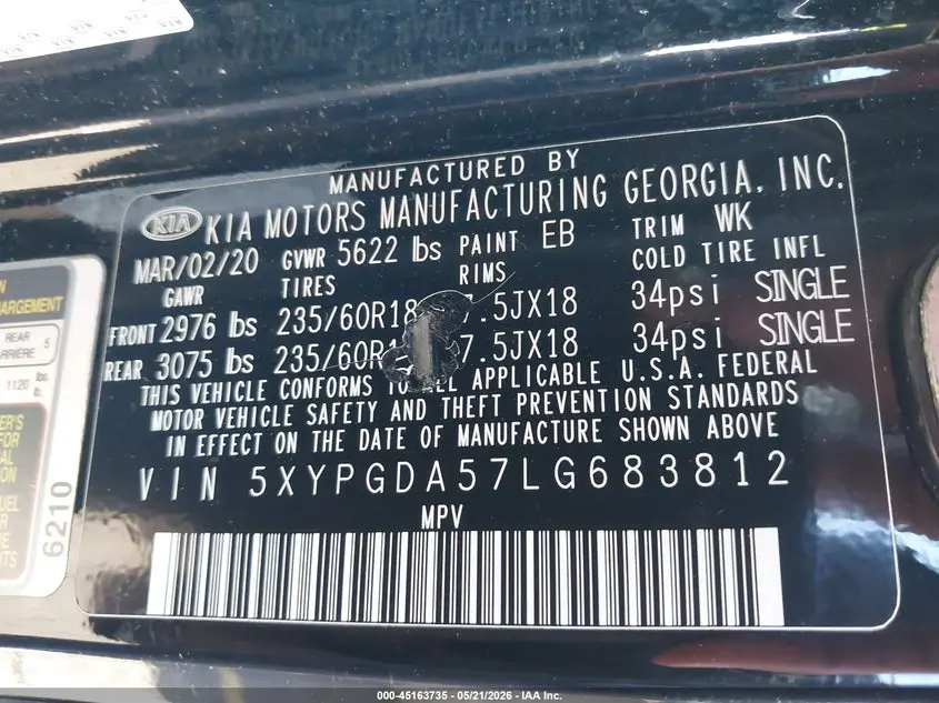 2020 KIA SORENTO 3.3L LX