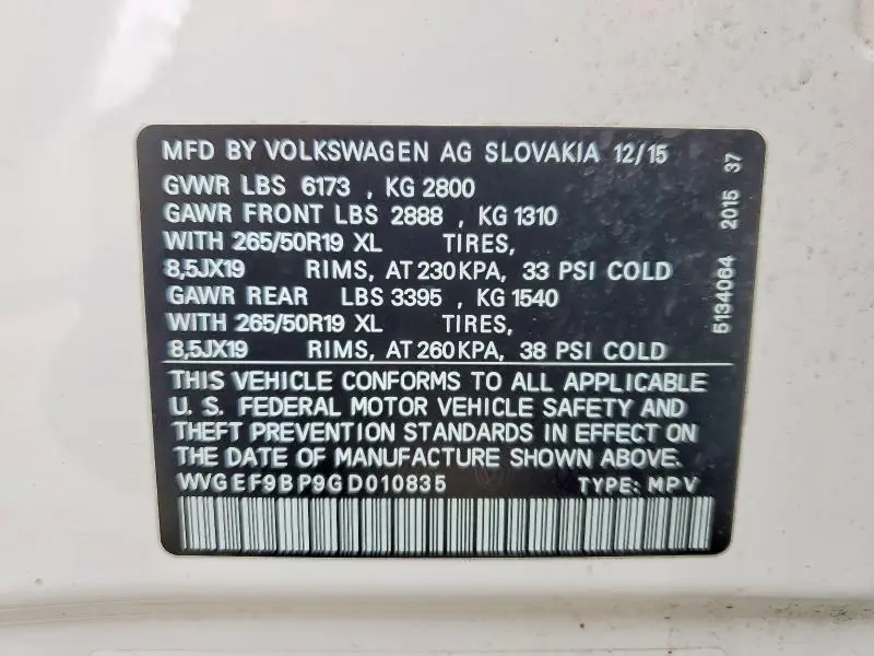 2016 VOLKSWAGEN TOUAREG LUXURY 3.6L