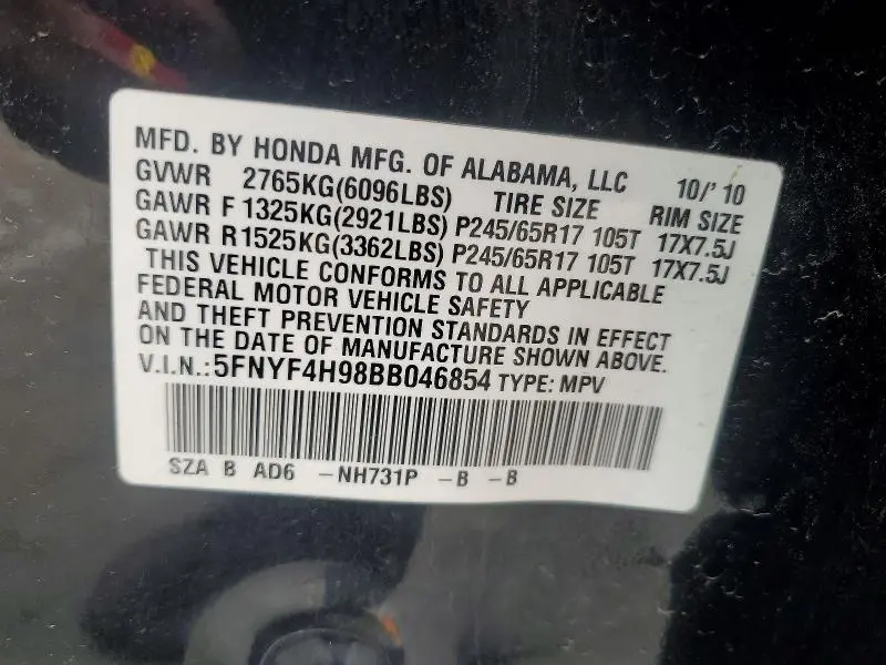 2011 HONDA PILOT TOURING  