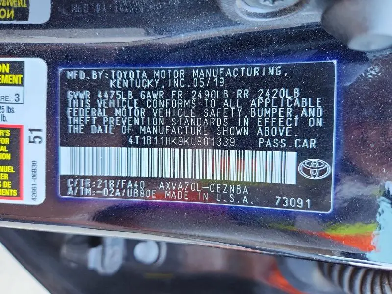 2019 TOYOTA CAMRY LE  
