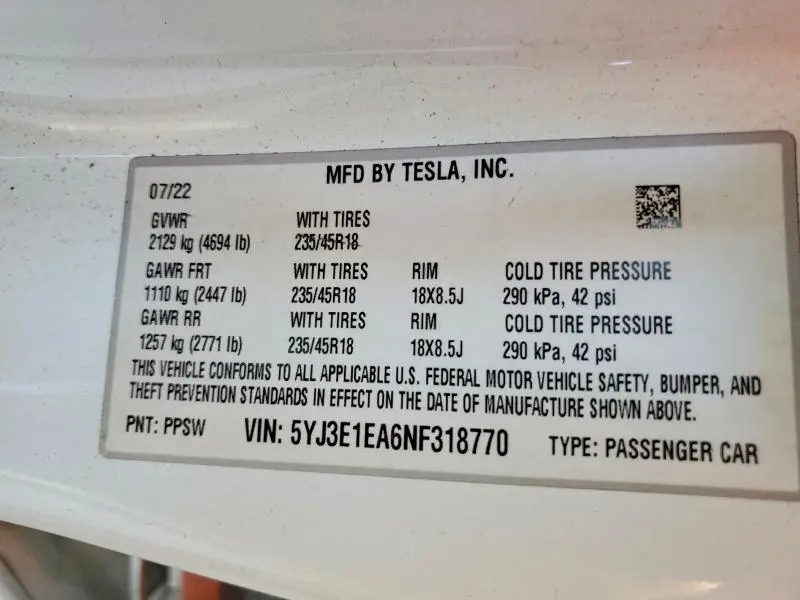 2022 TESLA MODEL 3   