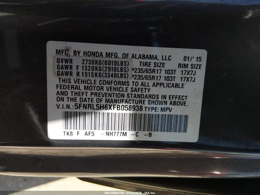 2015 HONDA ODYSSEY EX-L