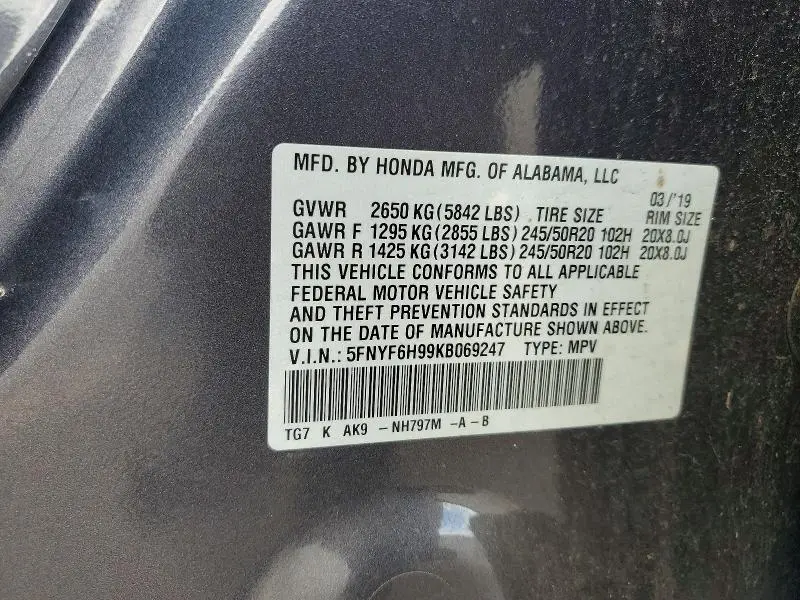 2019 HONDA PILOT TOURING  