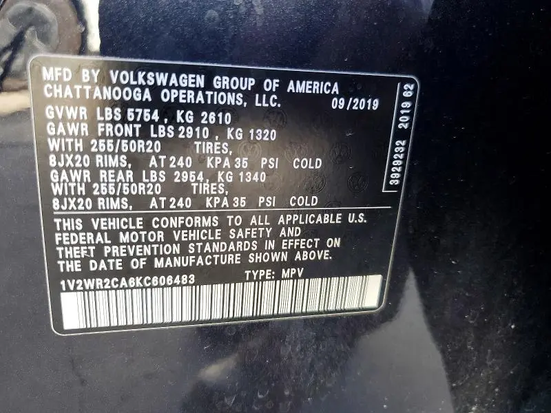 2019 VOLKSWAGEN ATLAS SE  