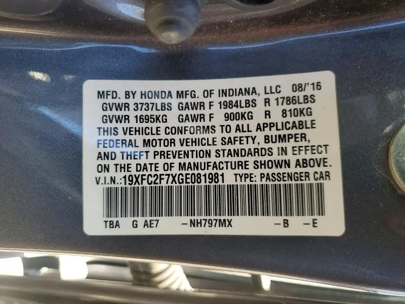 2016 HONDA CIVIC EX  