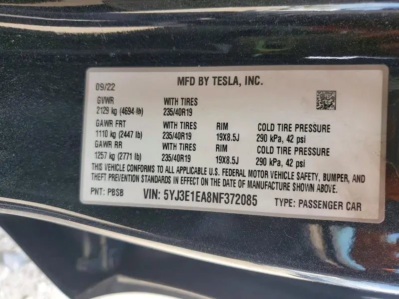 2022 TESLA MODEL 3   
