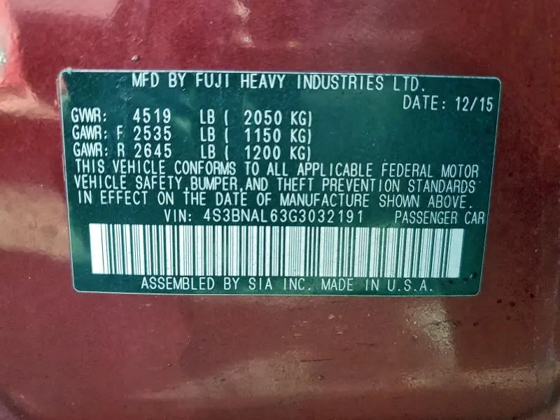 2016 SUBARU LEGACY 2.5I LIMITED  