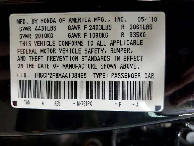 2010 HONDA ACCORD EXL  