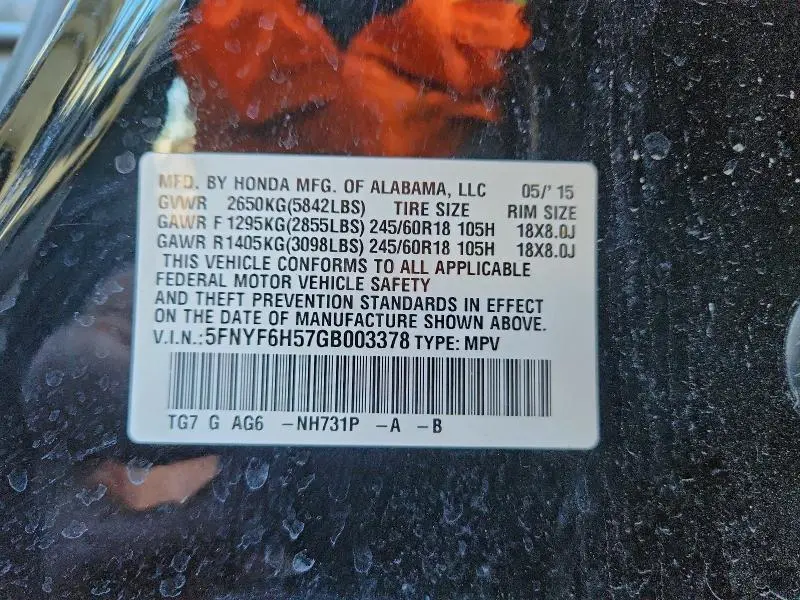 2016 HONDA PILOT EXL  