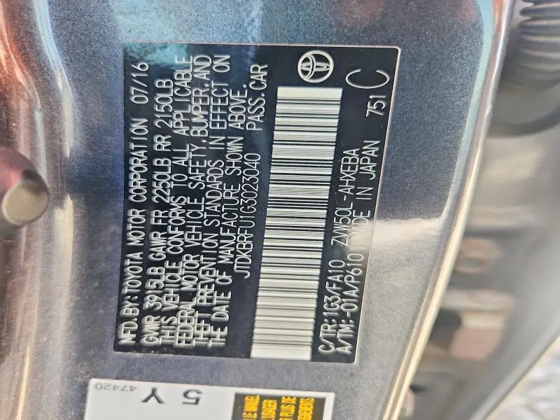 2016 TOYOTA PRIUS TWO  