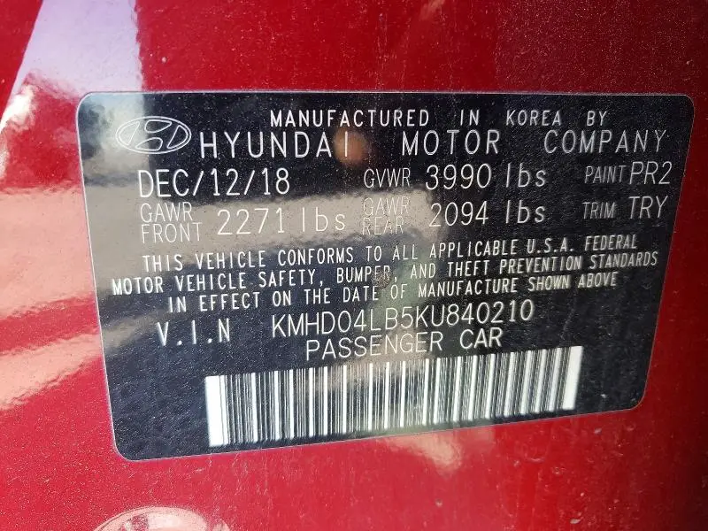 2019 HYUNDAI ELANTRA SPORT  