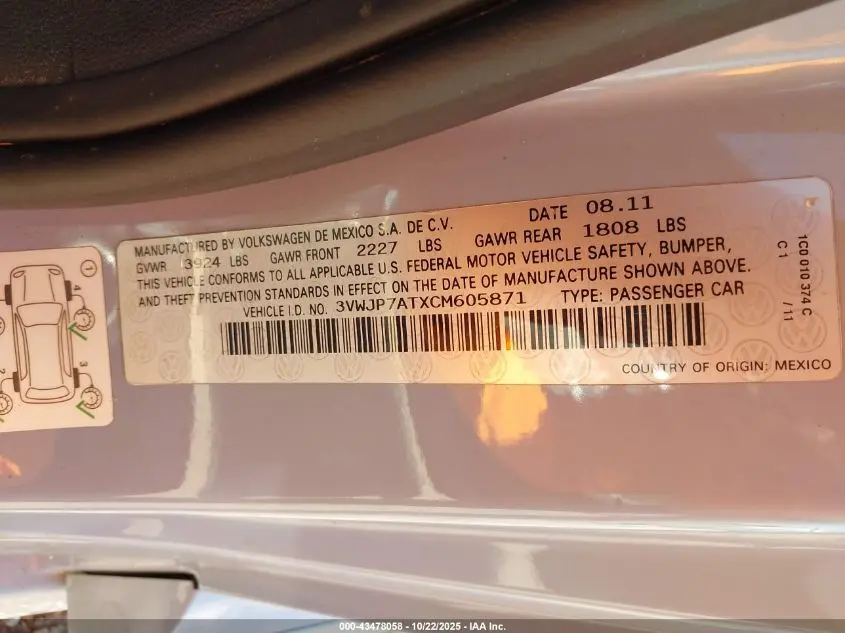 2012 VOLKSWAGEN BEETLE 2.5L