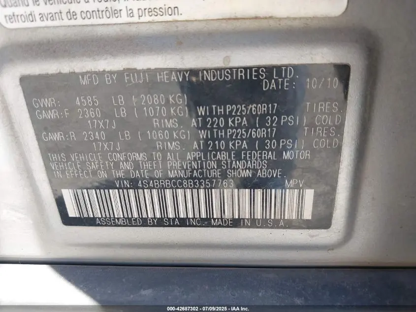 2011 SUBARU OUTBACK 2.5I PREMIUM