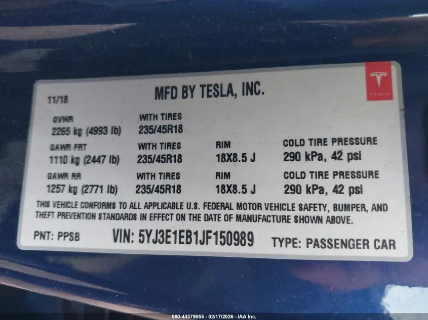 2018 TESLA MODEL 3 LONG RANGE/PERFORMANCE
