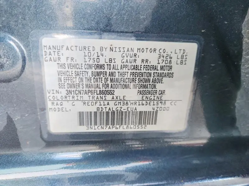 2015 NISSAN VERSA SL W   