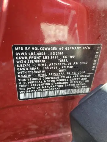 2012 VOLKSWAGEN TIGUAN S  